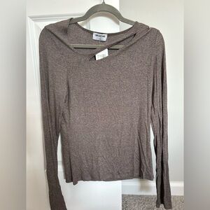 LNA Clothing Heatherbrown cutout lightweight ribbed long sleeve top, Large